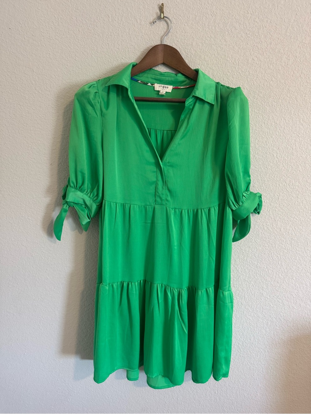 Umgee Bright Green Tiered Mini Shirt Dress